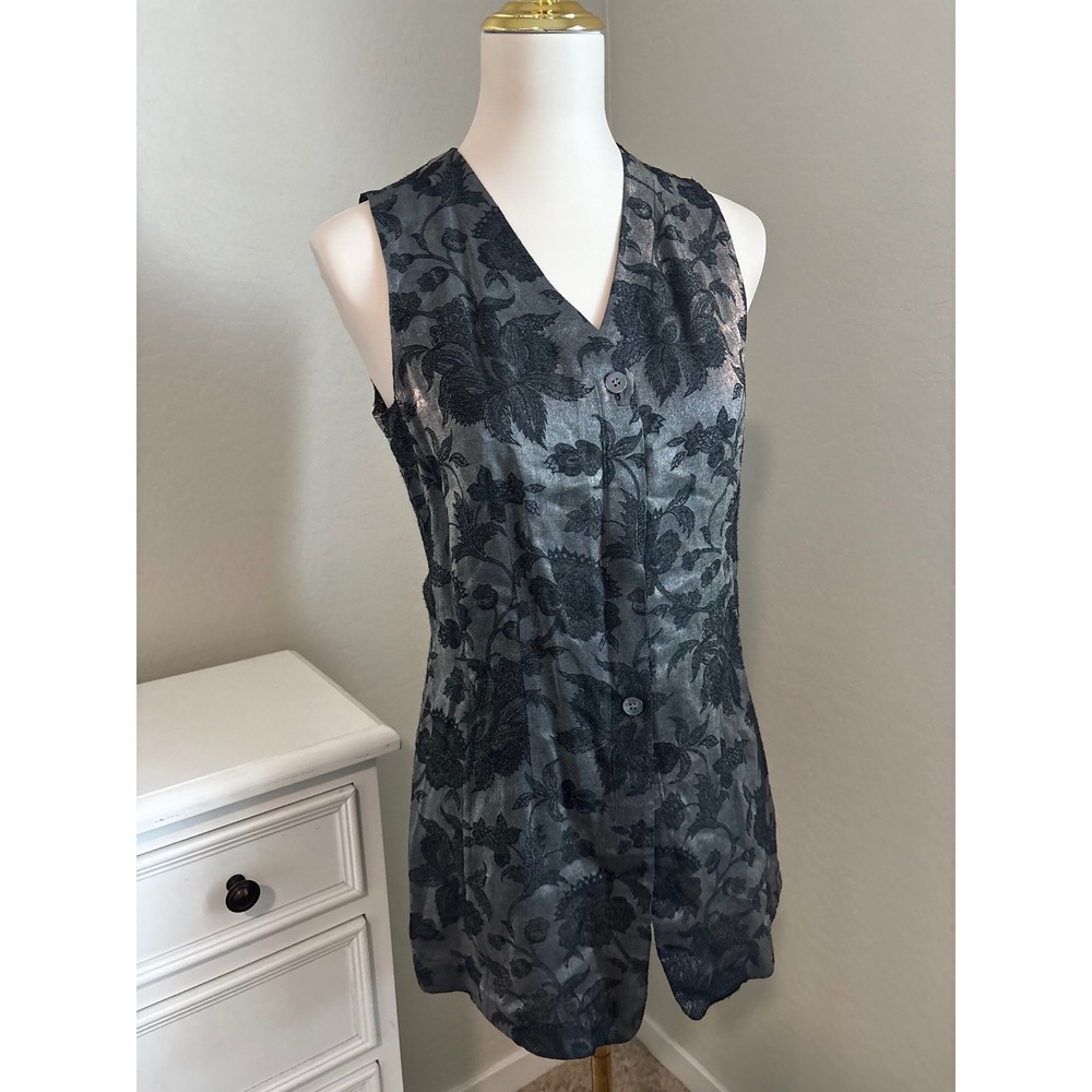 Vintage Emanuel Ungaro Silver Metallic Floral Brocade Longline Vest 90s Designer